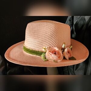 New, Pale pink, original decorated  straw hat.
